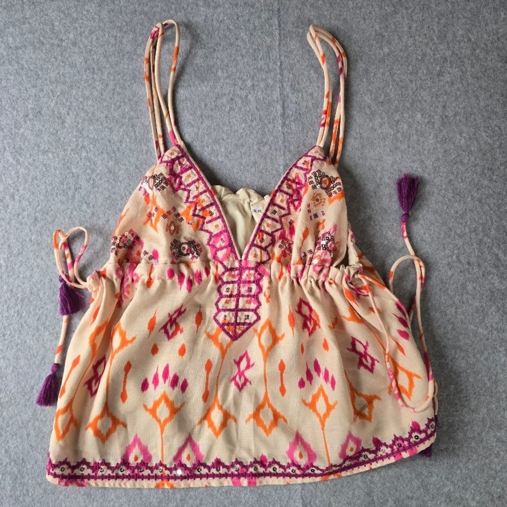 Boho Ikat‎ Print Cami Top Women XS Pink Orange Sequin Tassel Festival Babydoll - Picture 4 of 12